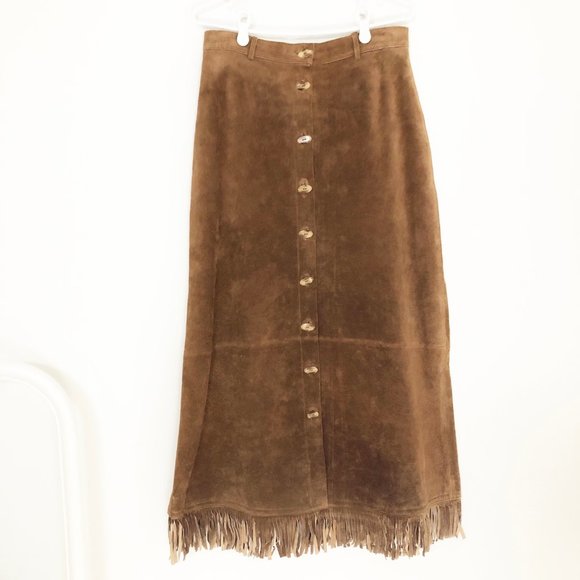 Vintage Fringed Tan Suede Maxi Skirt Boho Western - Picture 3 of 7